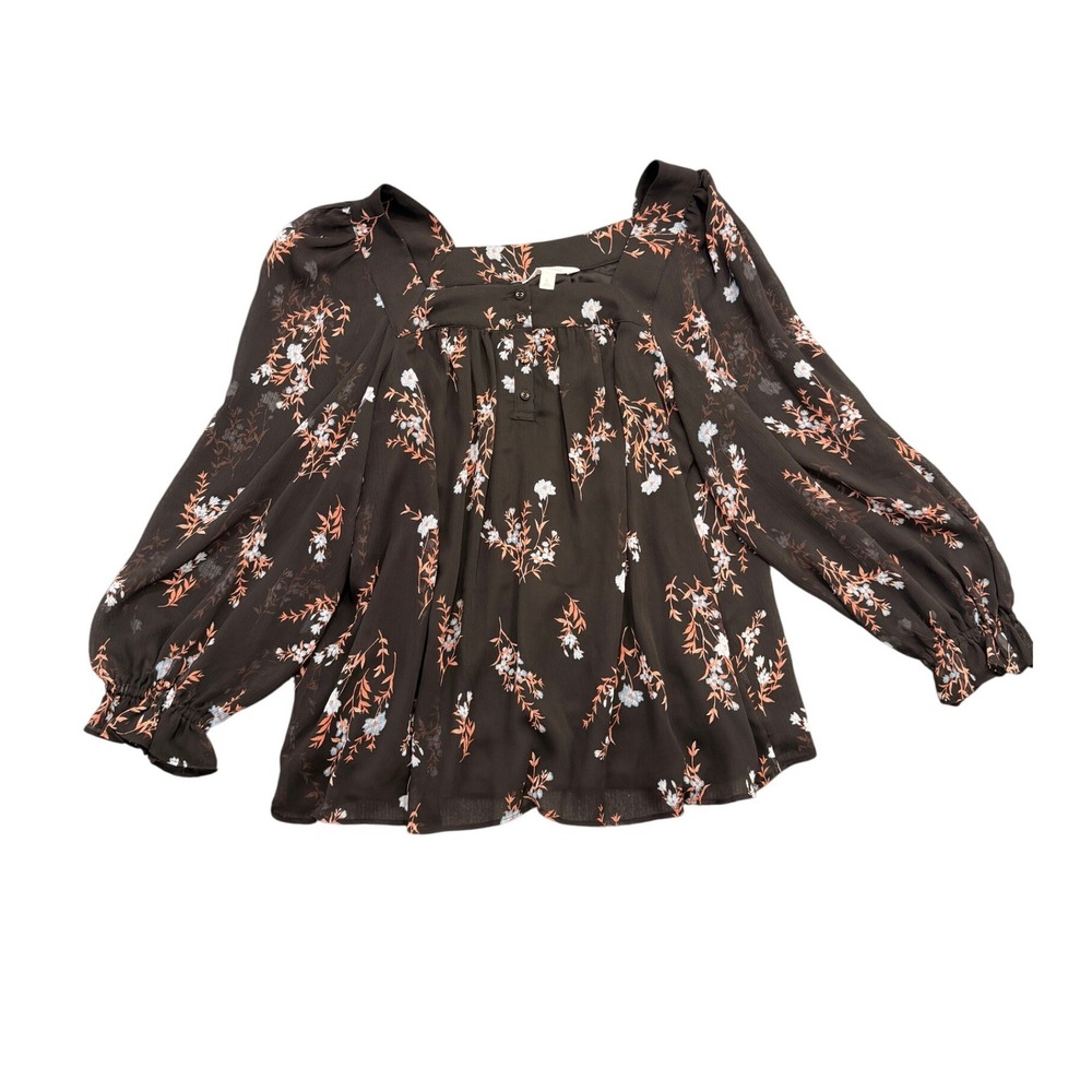 LC Lauren Conrad Floral Blouse Womens Large Black Square Neck Balloon Sleeve Top - Picture 1 of 8